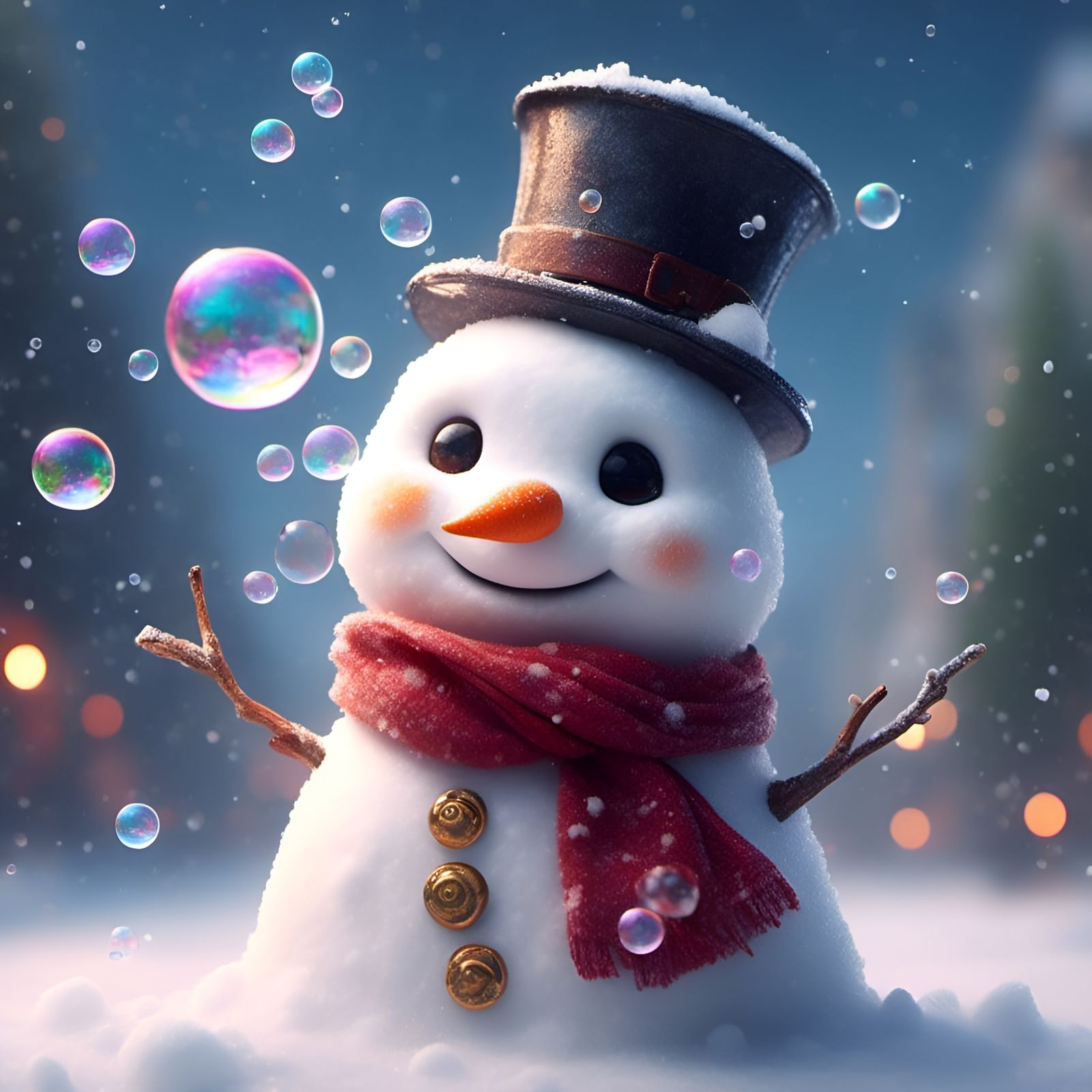 Adorable Snowman Blowing Bubbles on Snowy Day