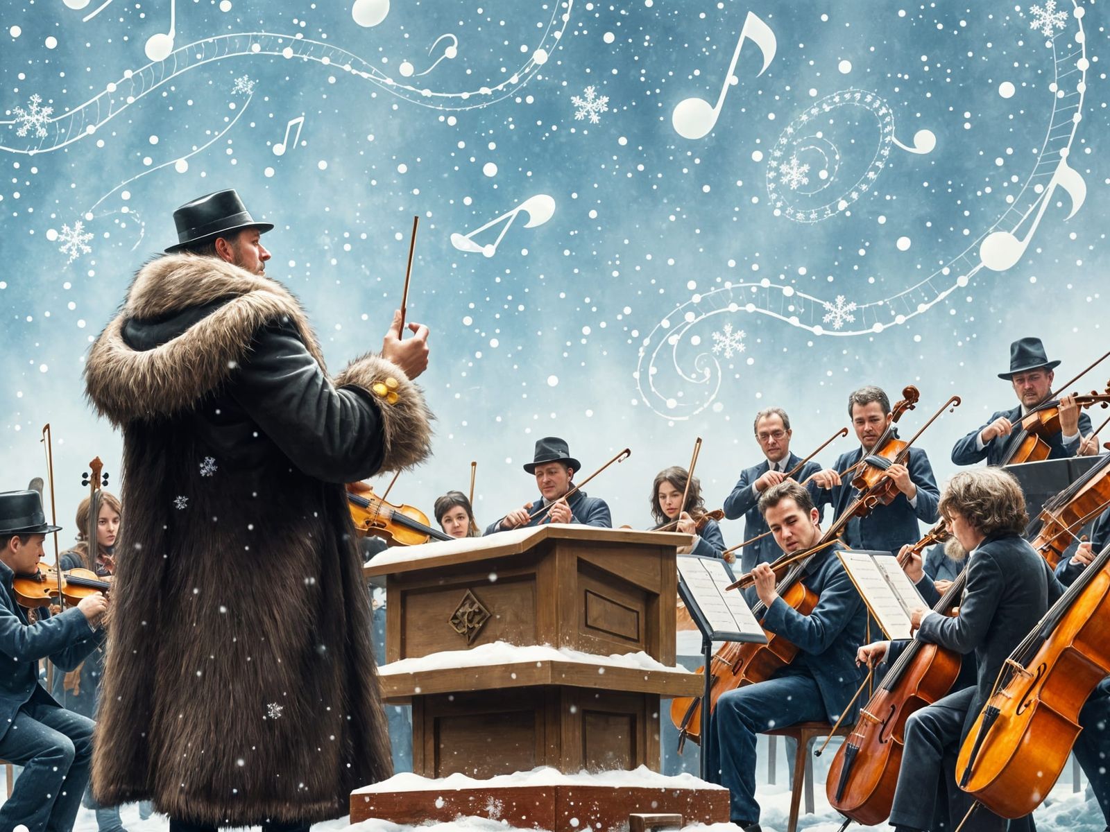 Winter Concert in a Blizzard, Whimsical Illustration Style