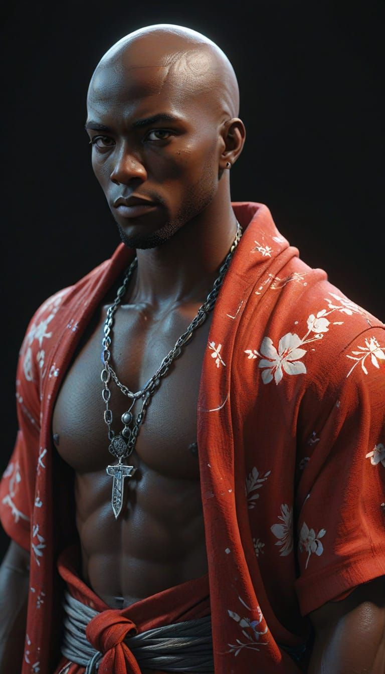 Dark Skinned Anime Man in Vibrant Firebrick Red Blanket, Hig...