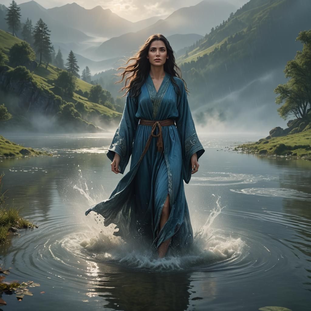 Woman Emerges from Misty Lake at Sunrise