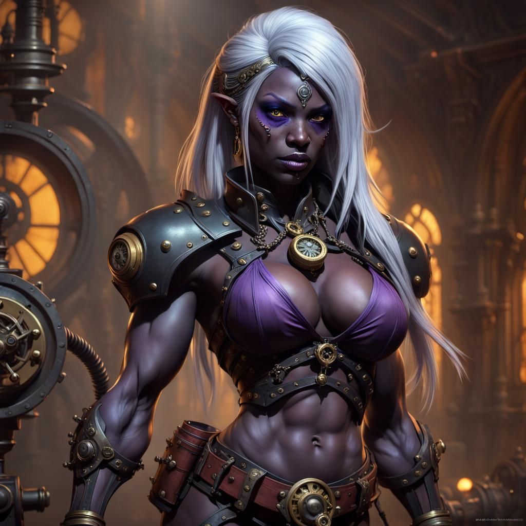 Steampunk Drow Warrior in Dark Fantasy Style