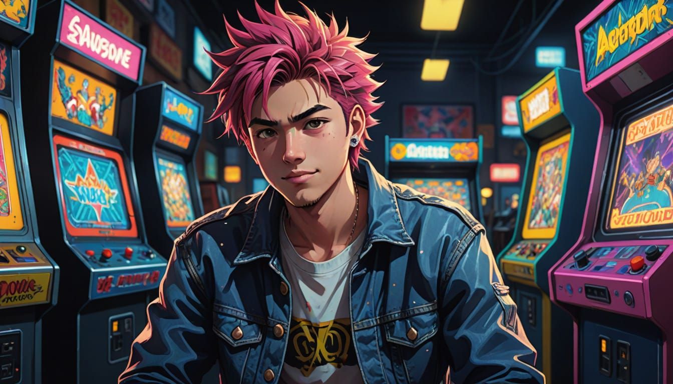 Vibrant Retro Anime Guy in 80s Arcade Atmosphere