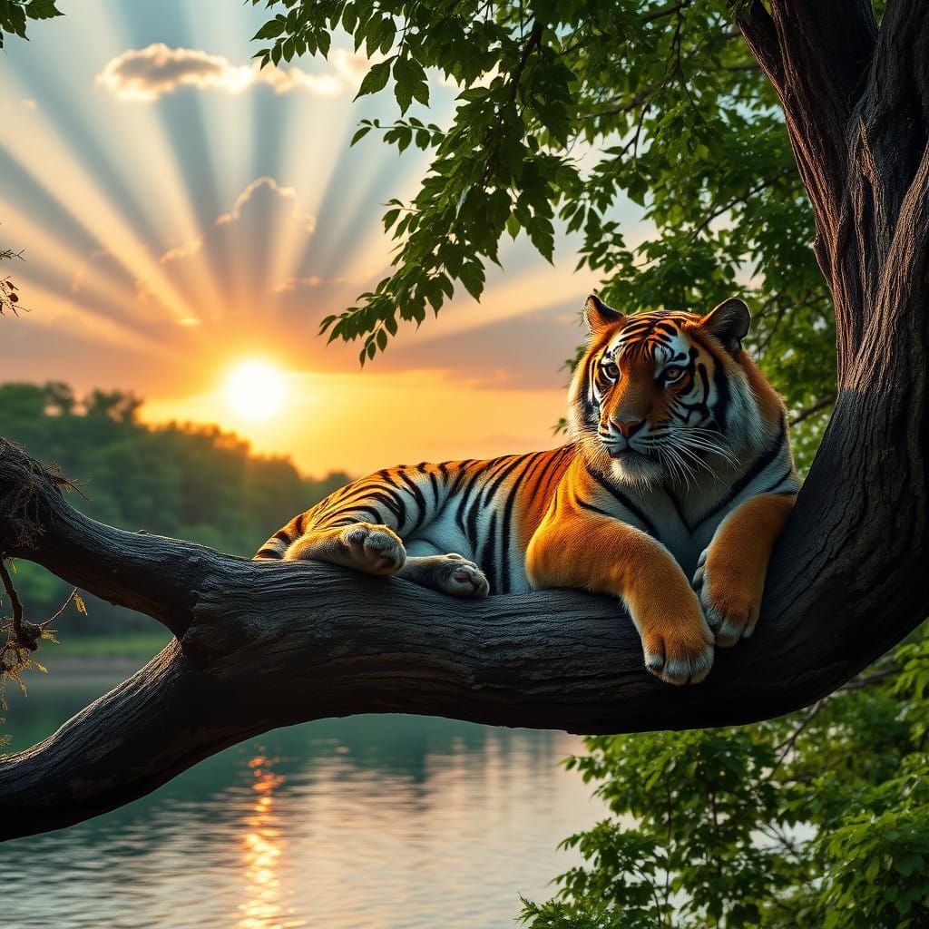 Majestic Tiger Basks in Sunset Glow on Tree Branch Overlooki...