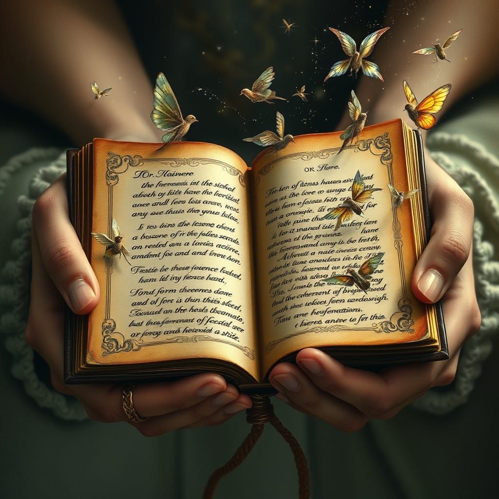 Delicate Hands Hold Whimsical Leather-Bound Tome