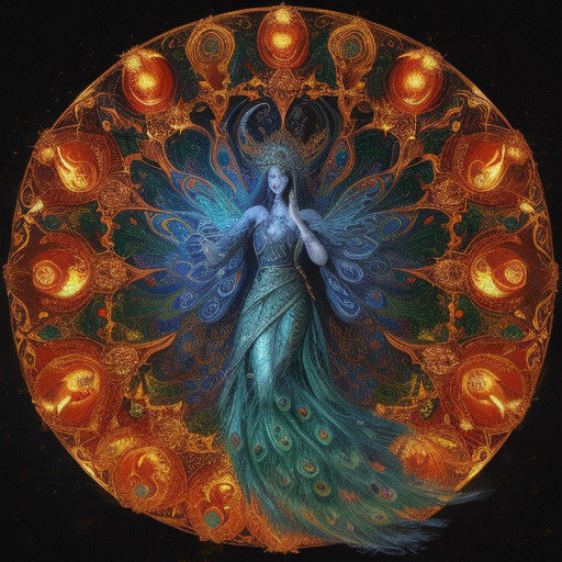 Majestic Peacock amidst Swirling Ethereal Fireballs in Golde...