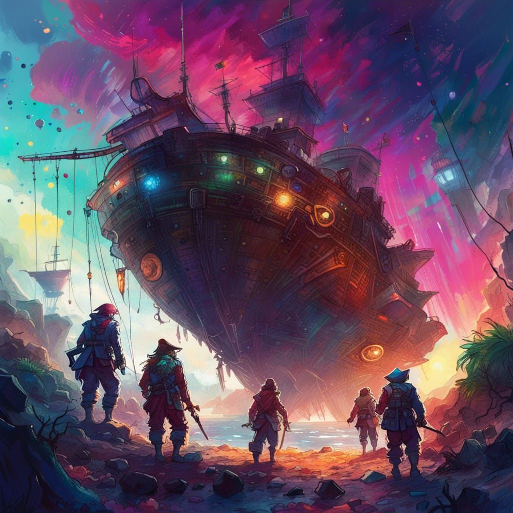 Space Pirates Invading Planet: Digital Anime Illustration