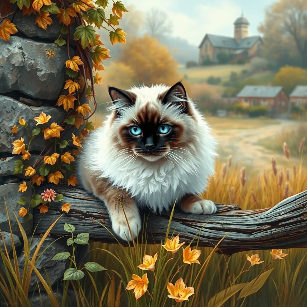Hyperrealistic Fluffy Cat with Blue Eyes in Autumn Landscape