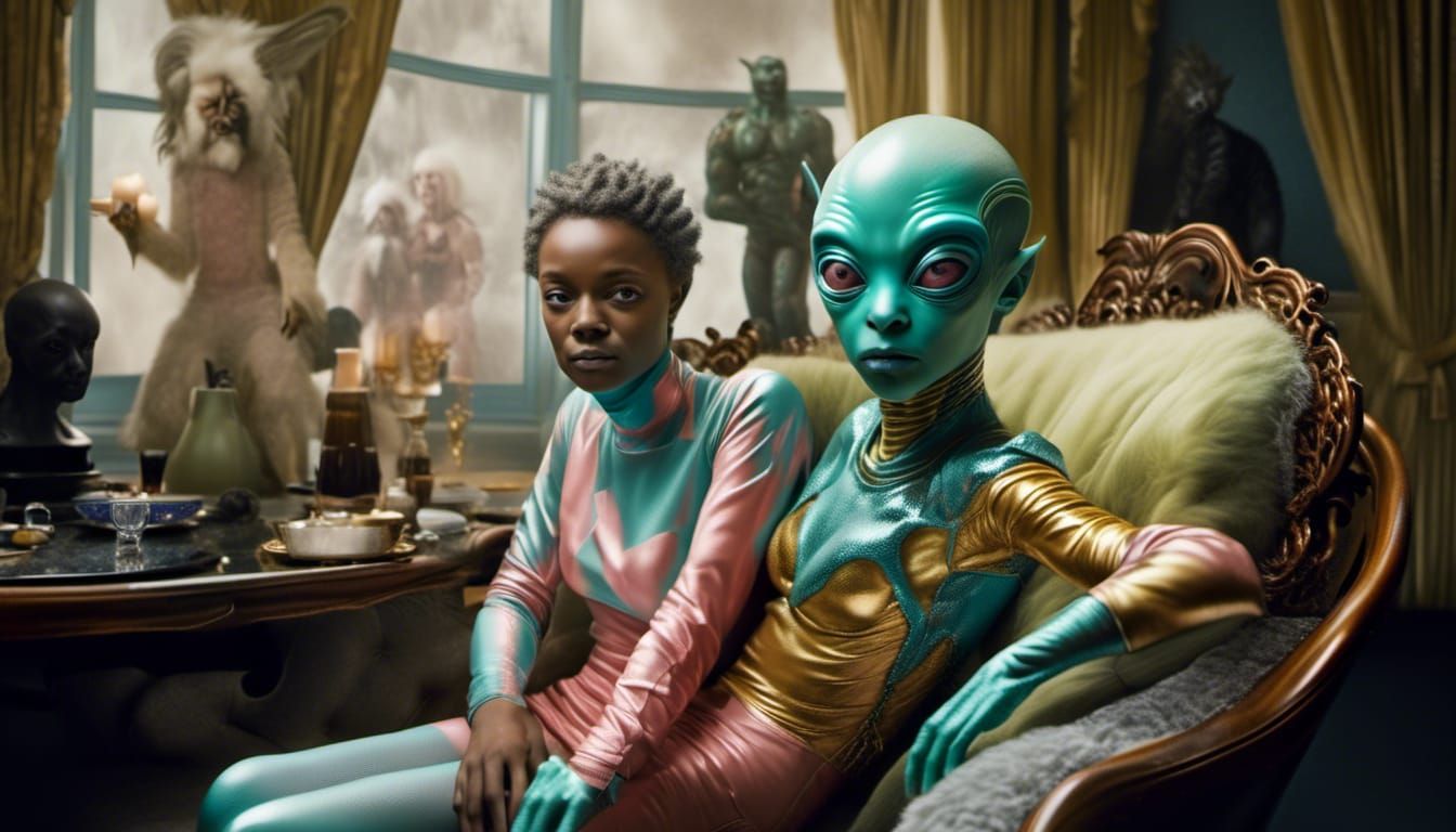 Smiling Aliens Party in Hyperrealism Style