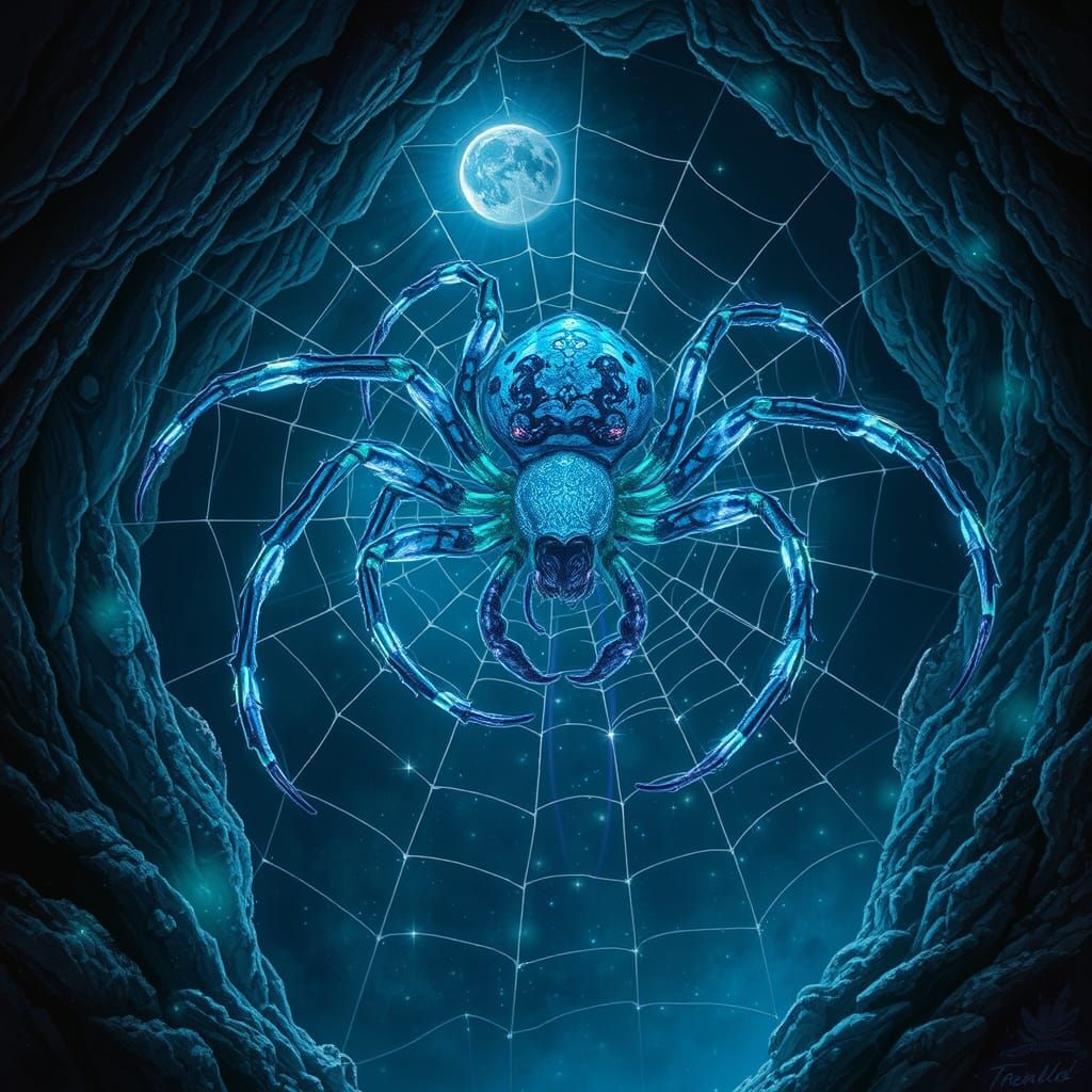 Ethereal Bioluminescent Spider Weaves Moonlit Web in Hidden ...