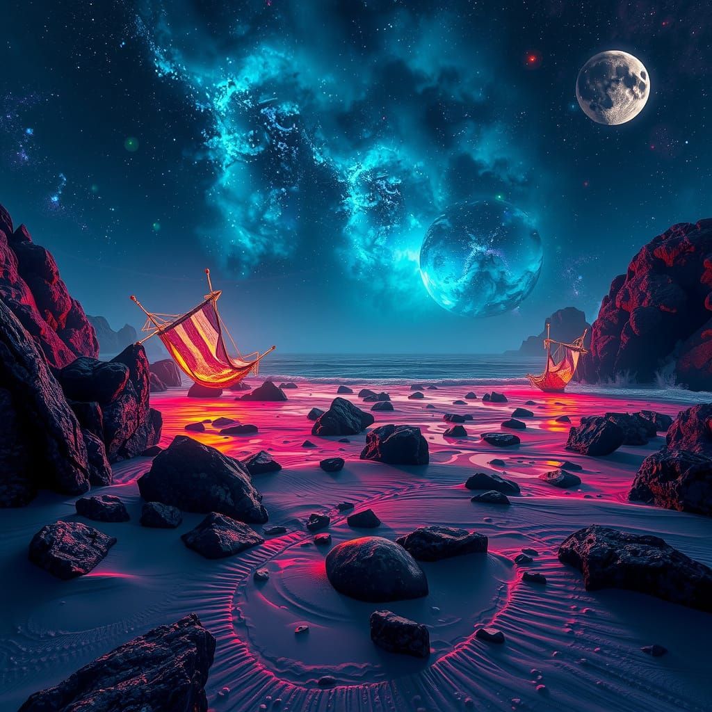 Epic Bioluminescent Beach at Night with Cosmic Nebulas in Vi...