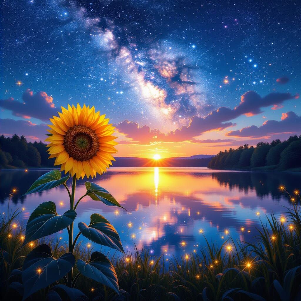 Bioluminescent Sunflower: Cosmic Lake Fantasy Landscape