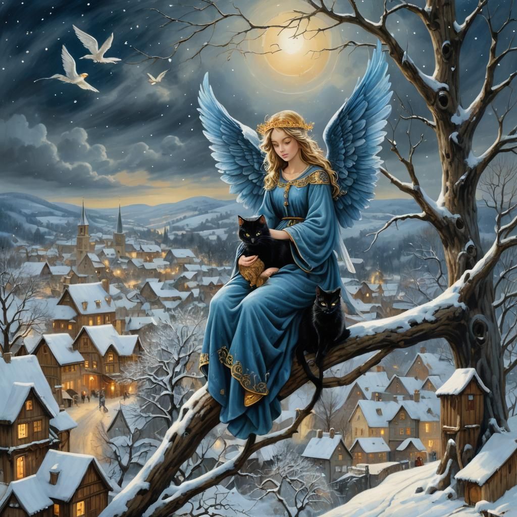 Angel with Cat in Snowy Village, Cinematic Still