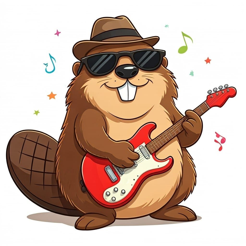 Cartoon Beaver Rocks Out with Electric Guitar