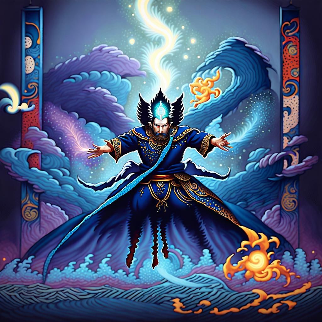 Majestic Man Weaving Magic in Ukiyo-e Dreamscape