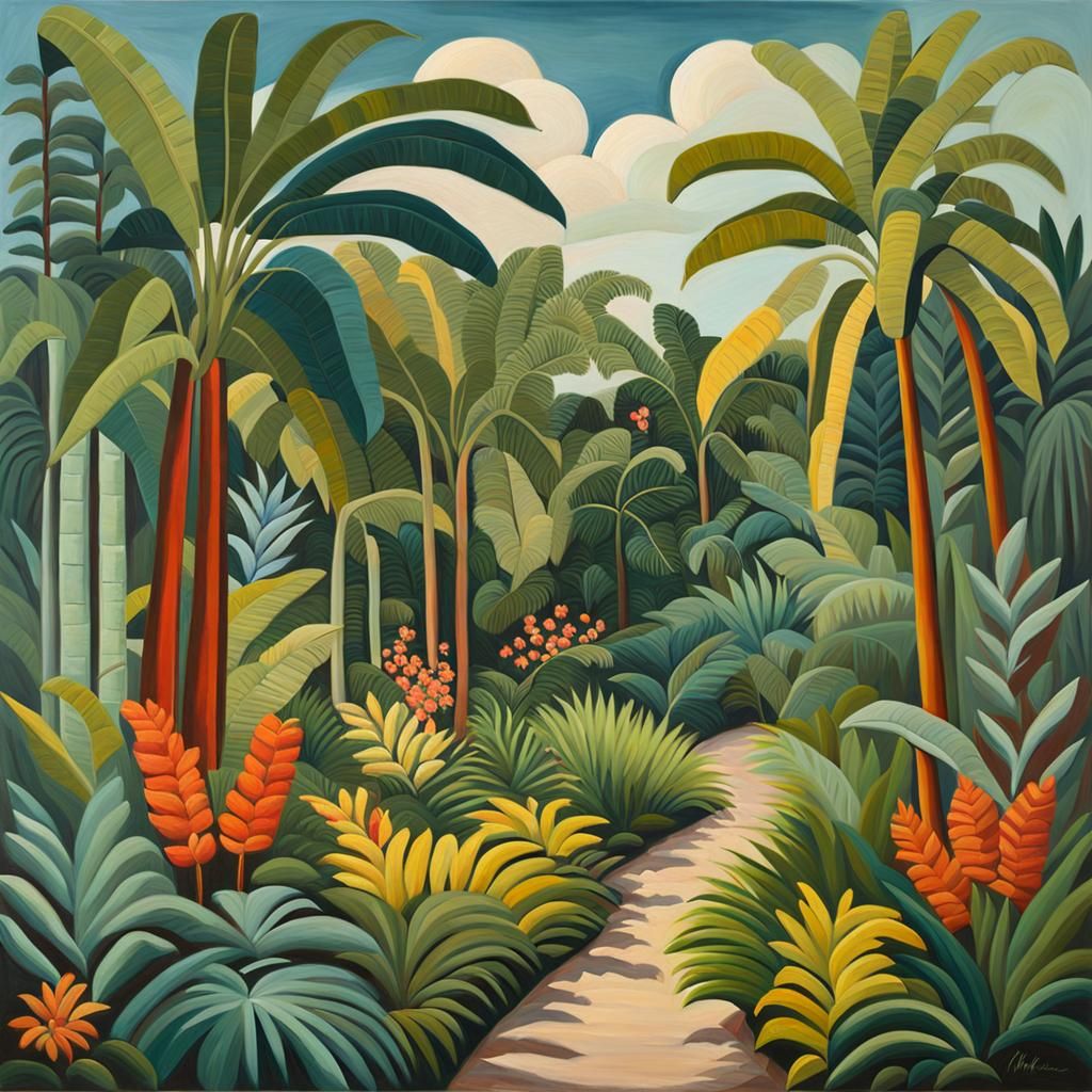 Vibrant Tropical Path in Oil Painting Style
