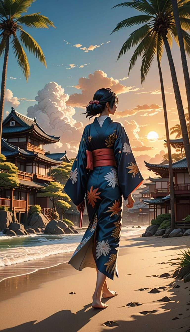 Epic Sunset Beach Scene in Anime-Inspired Japanese Style