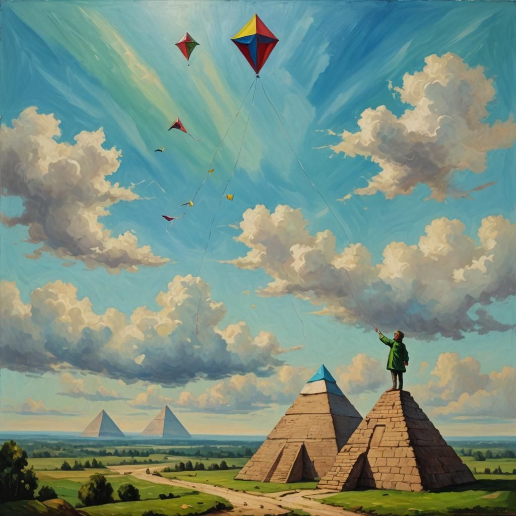 Man Flying Kite on Pyramid: Oil Painting