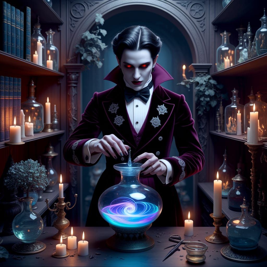 Vampire Alchemist Brewing Potions in Candlelit Lab