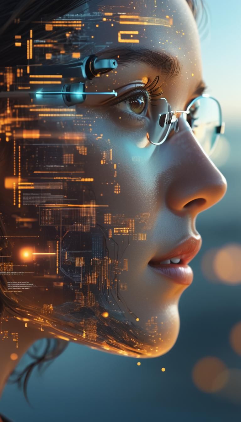 Woman Immersed in VR Data Streams in Neon Kintsugi