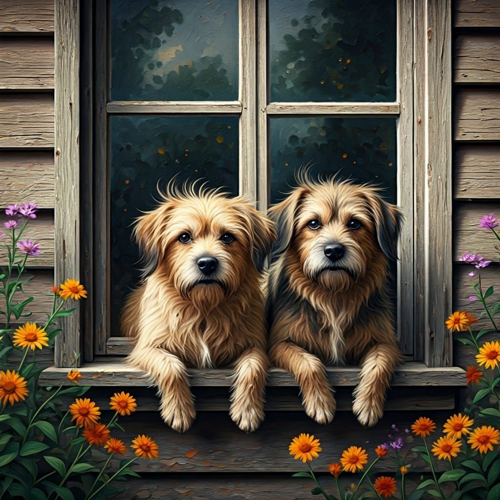 Dogs on Windowsill in the Style of Rembrandt