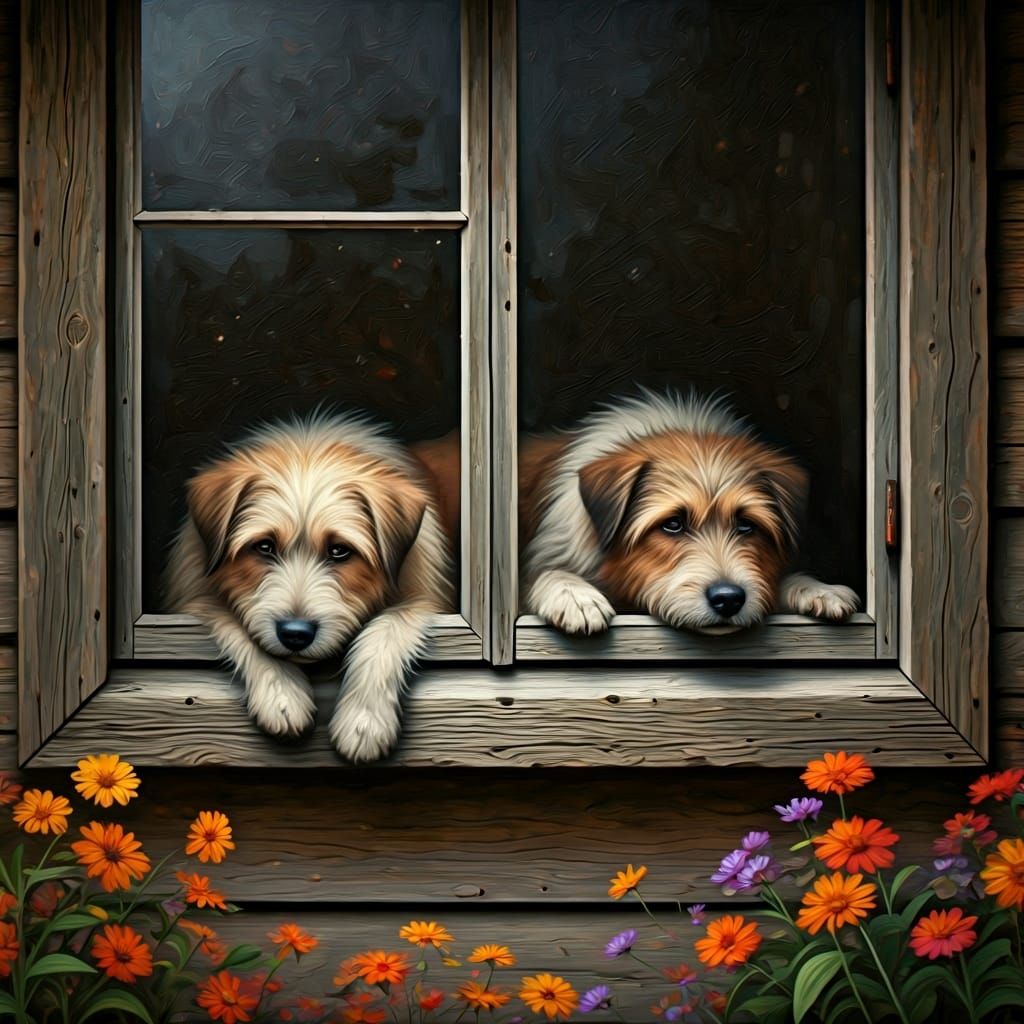 Melancholic Dogs on a Weathered Windowsill as Oil Painting