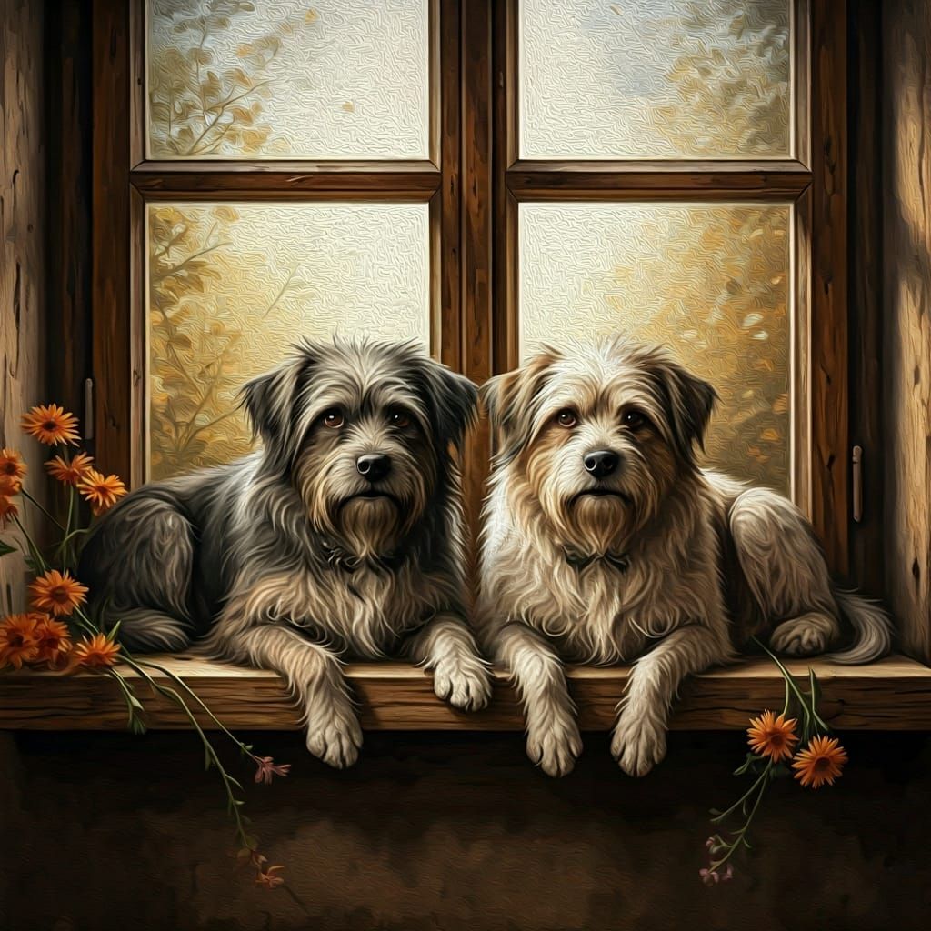Melancholy Dogs on Windowsill, Oil Painting Style