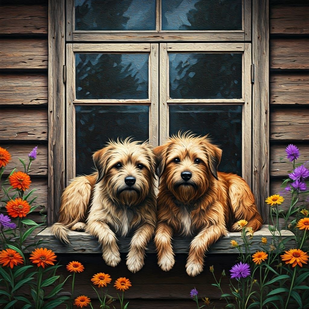 Scruffy Dogs in Vibrant Wildflowers as Impasto Painting