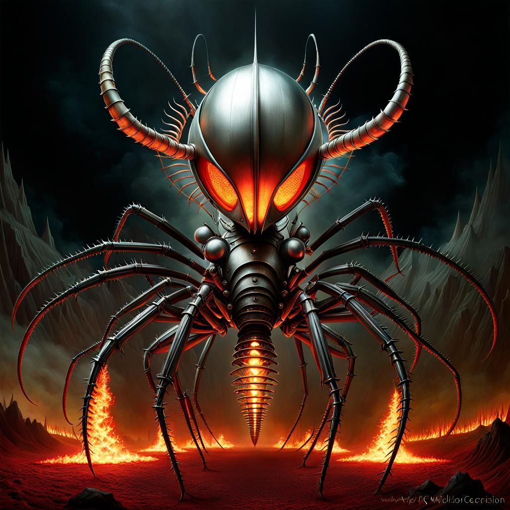 Robotic Scorpion Warrior in Hellish Landscape