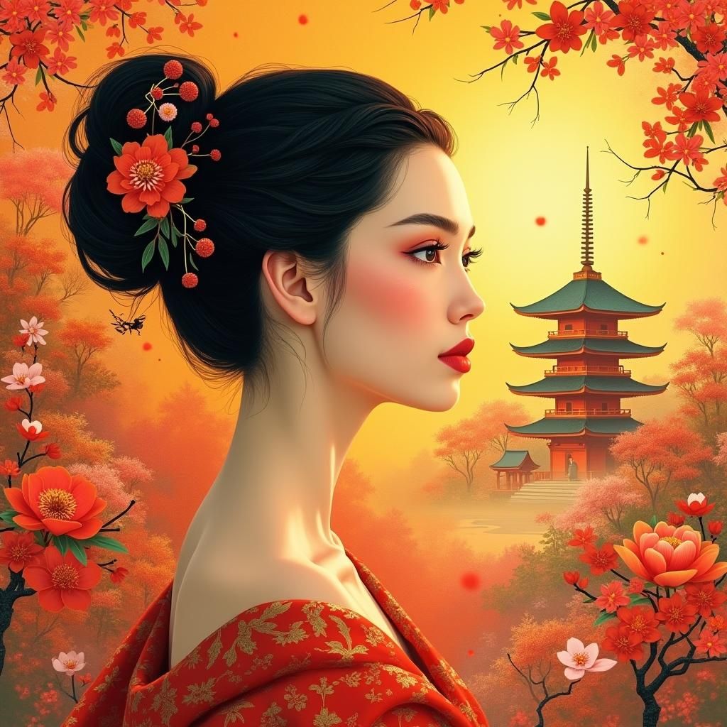 Elegant Woman in Abstract Japanese Garden, Impressionist Sty...