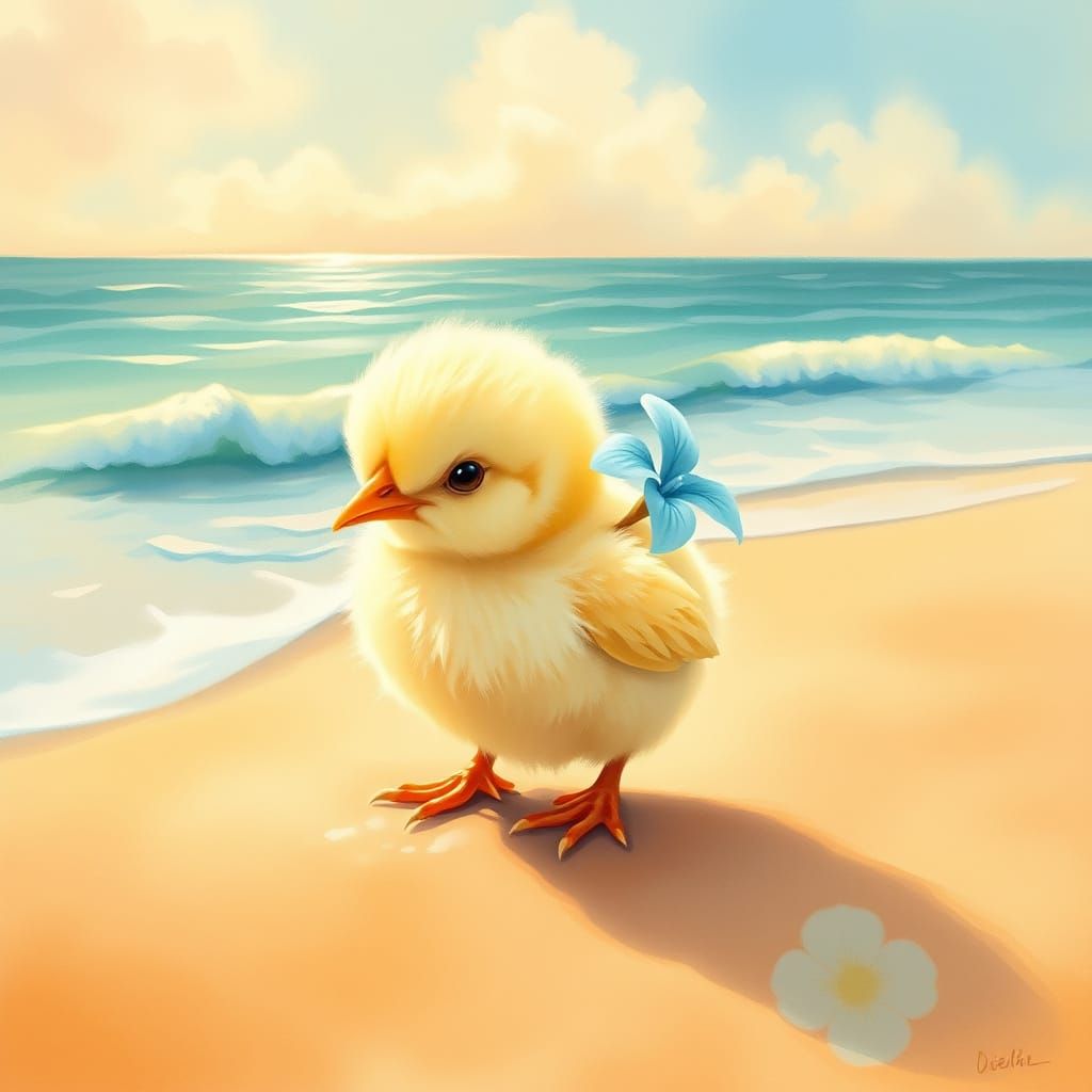 Baby Chick Surrounded by Tropical Blooms on a Sun-Kissed Bea...