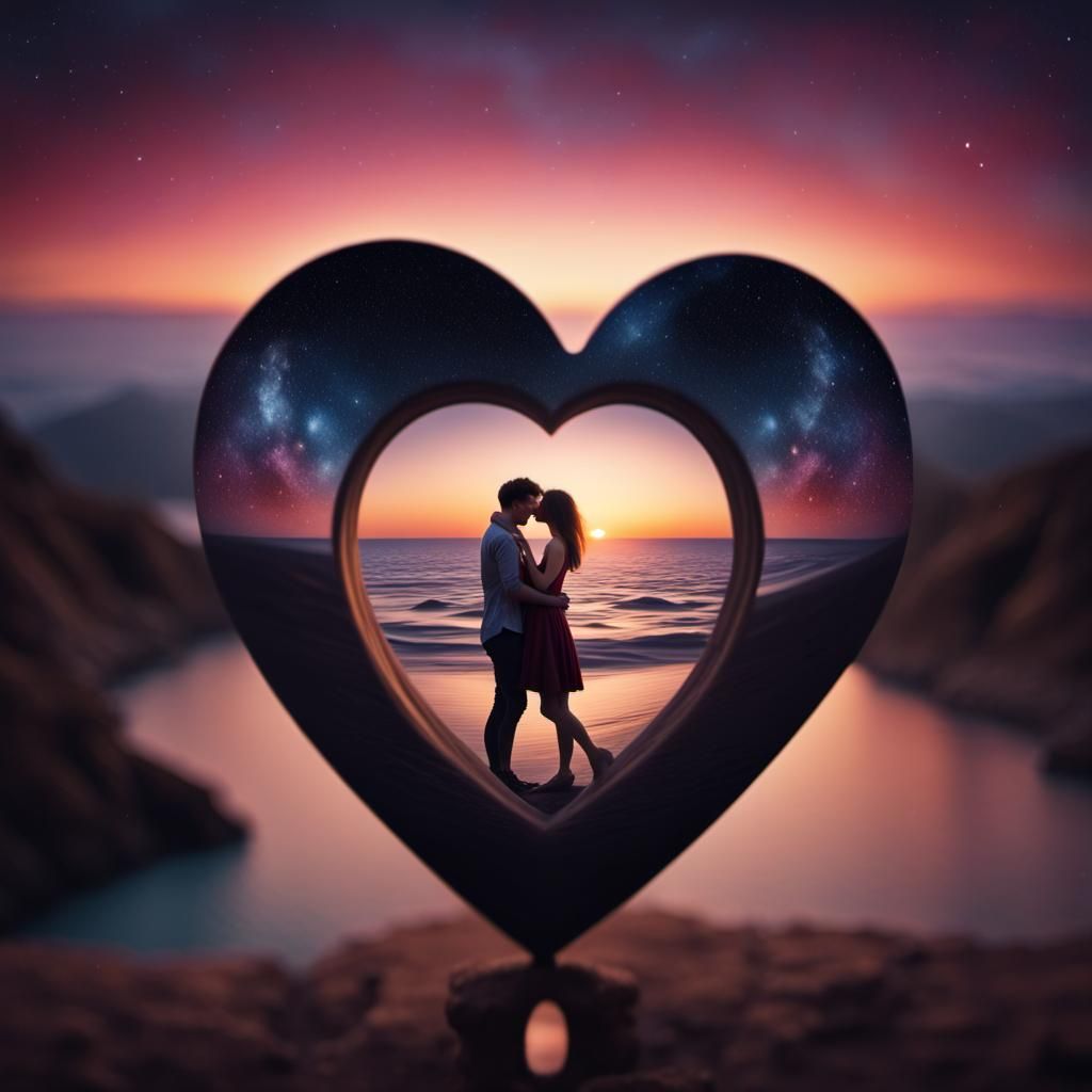 Romantic Galaxy Sunset Through Heart Keyhole