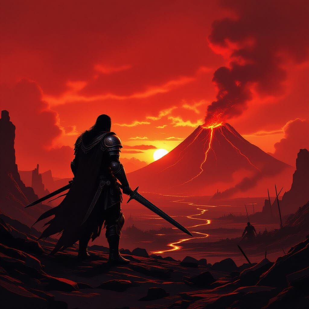 Victorious Warrior Overlooks Battlefield in Dark Fantasy Sty...