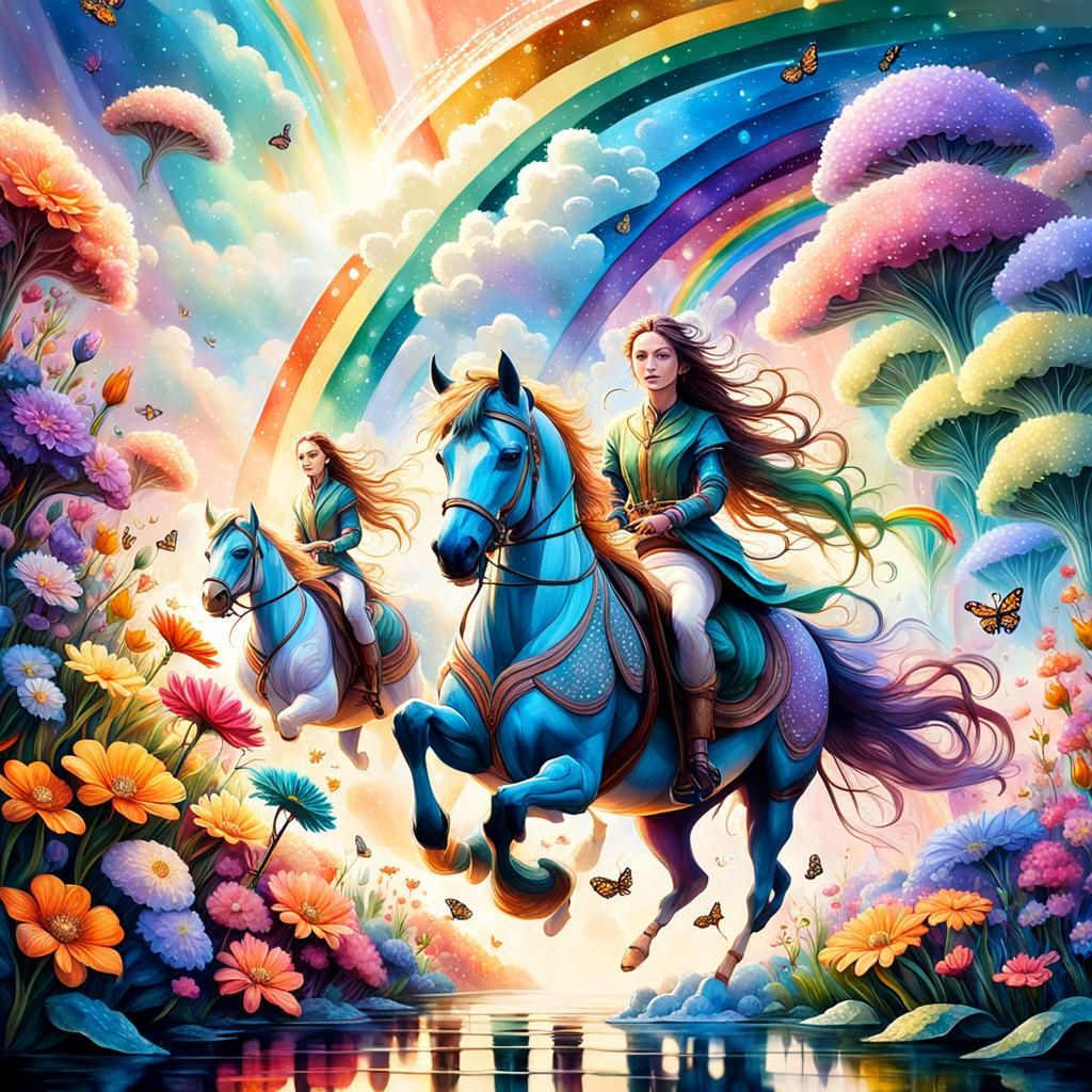 Girls Ride Rainbow: Fantasy Art Nouveau Scene