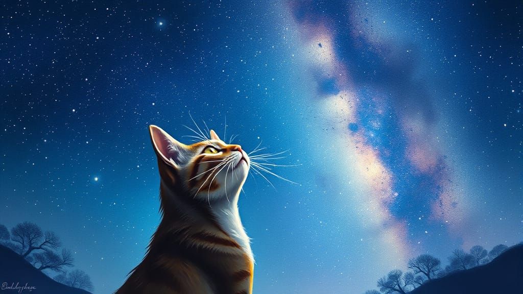 Cat Gazes at Milky Way in Dreamy Ethereal Style