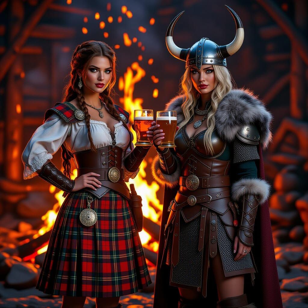 Scottish and Viking Women Toasting Mead by Bonfire