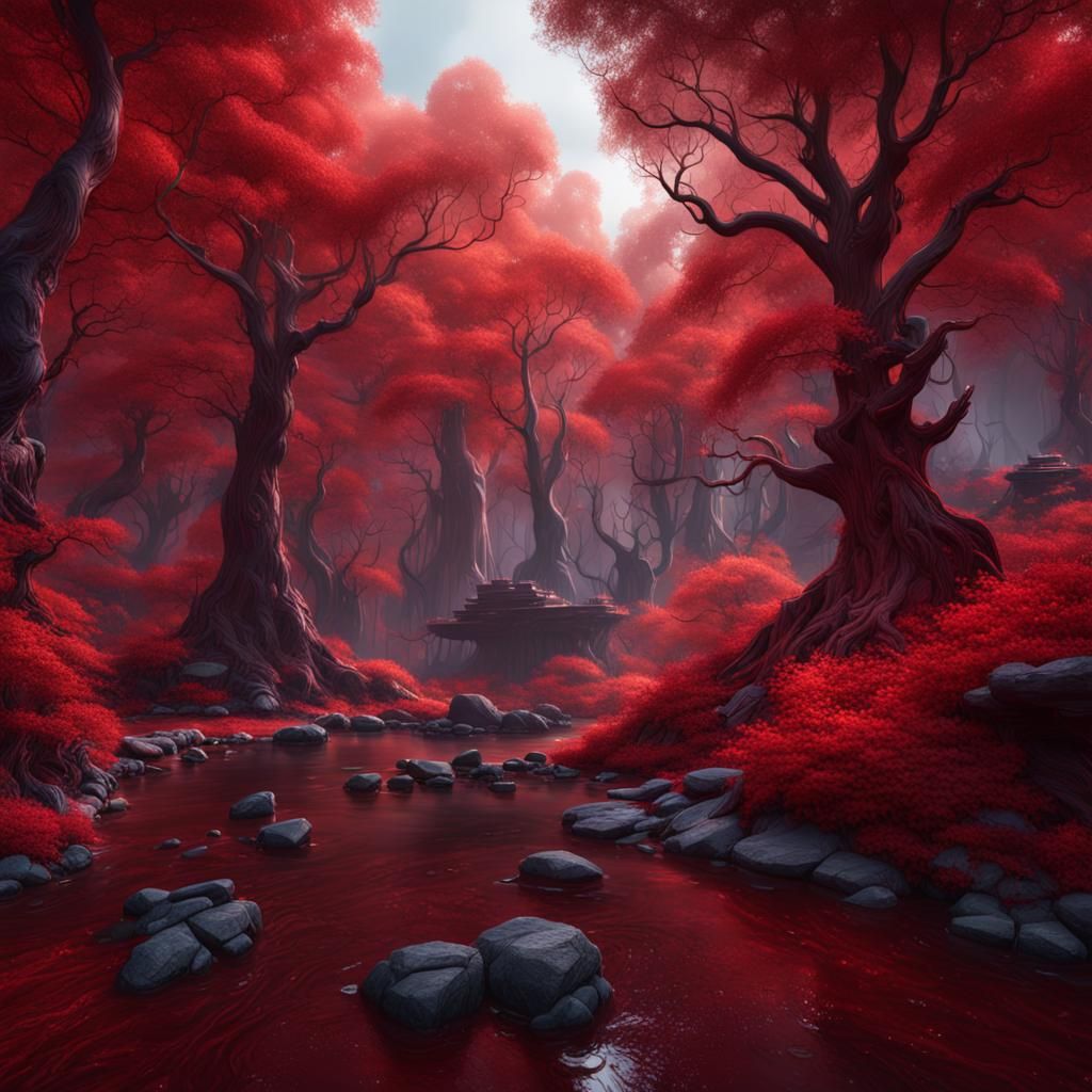 Vibrant Red Forest Fantasy Concept Art