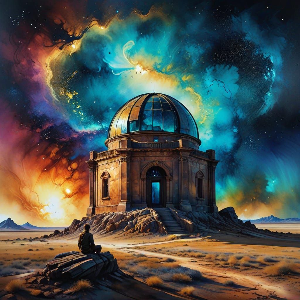 An ancient observatory, its dome cracked open to reveal a sw...
