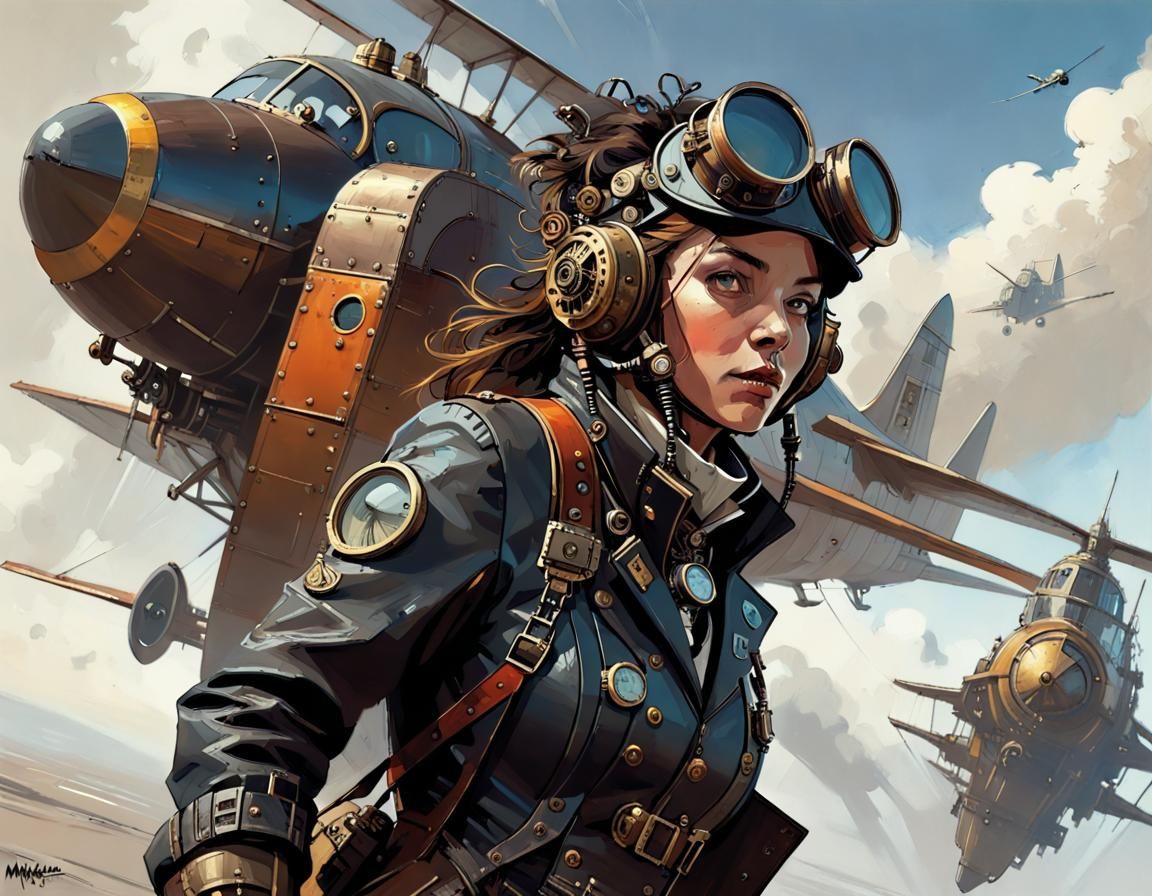 Steampunk Pilot in Mid-Flight