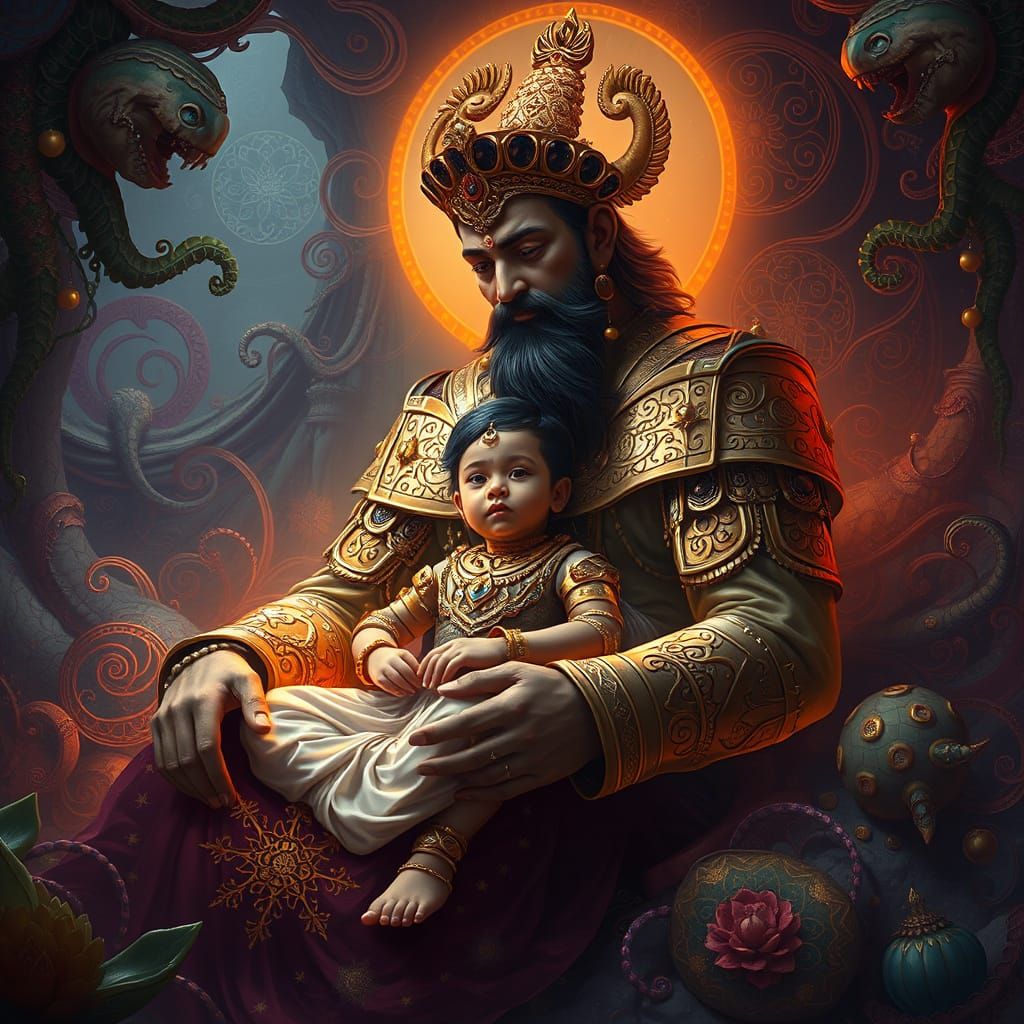 Lord Kalki in a Serene, Golden Armor, Amidst Vibrant, Tradit...