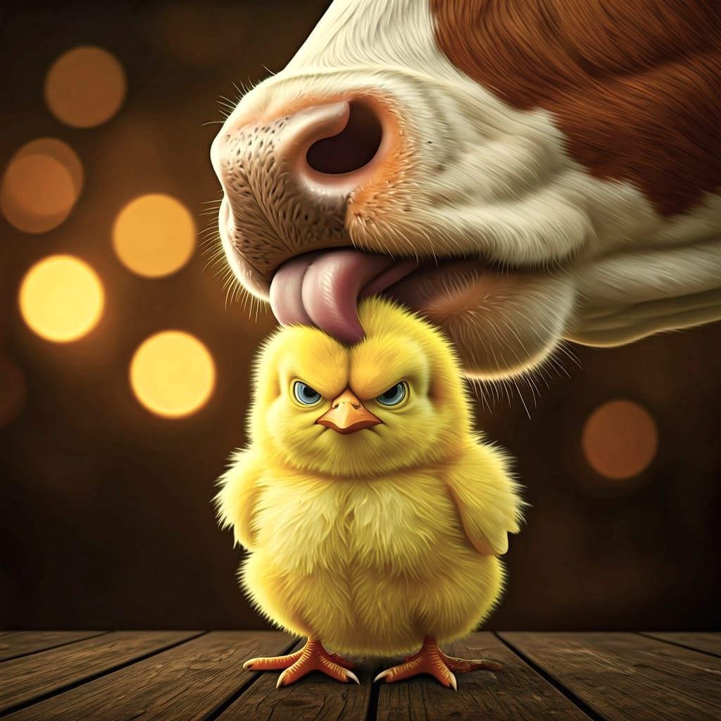 Cranky Chick and Affectionate Cow in Hyperrealism