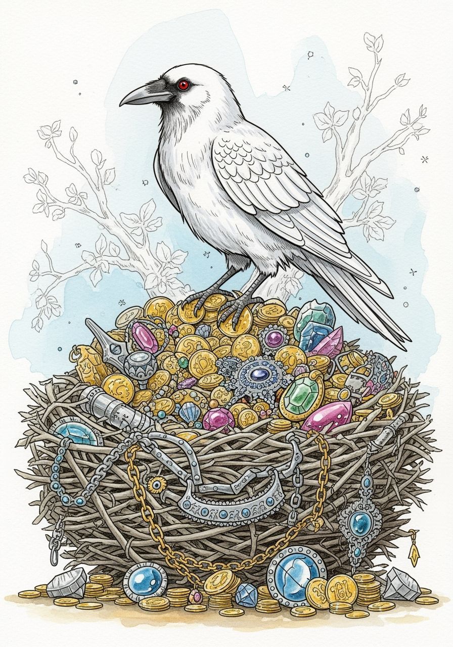 Albino Crow Guarding a Treasure Nest in Fantasy Style