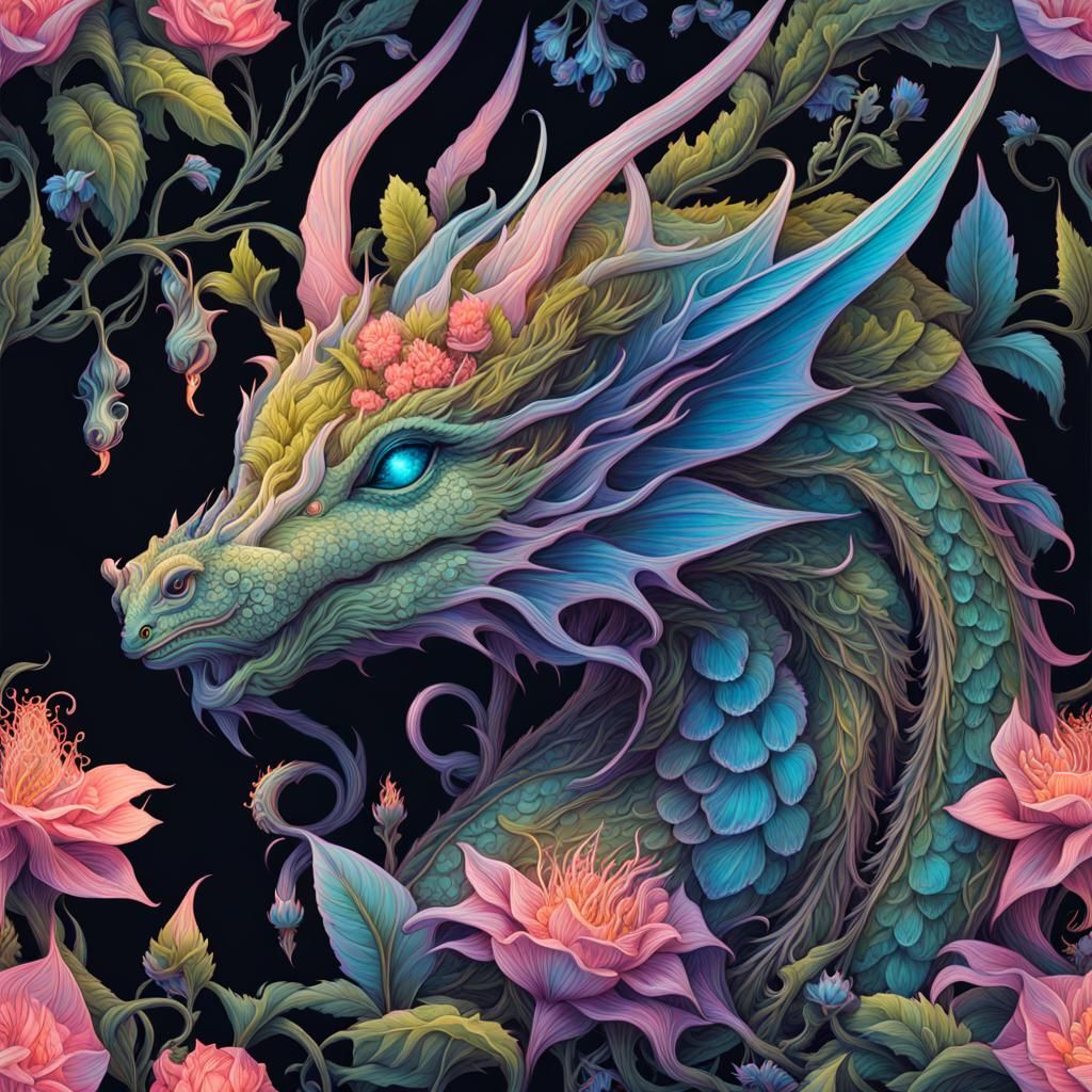 Neon Bioluminescent Dragon in Botanical Macro Photography