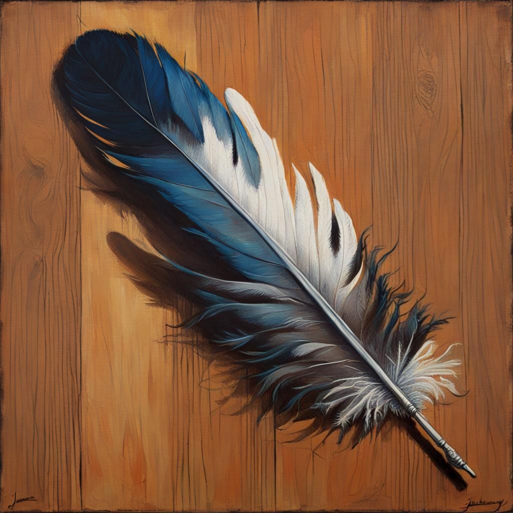 Feather on Wooden Table in Oil Painting Style