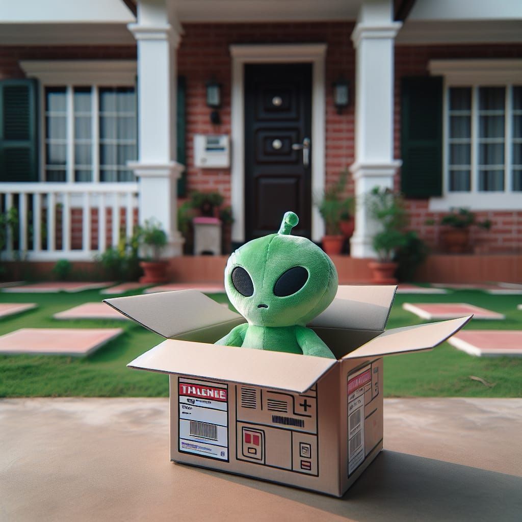Green Alien Plushie on Suburban Doorstep