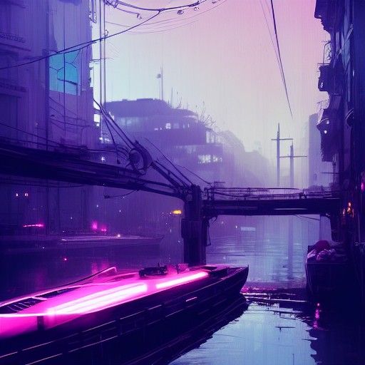 Neon Dystopian River Port Cityscape in Anime Style