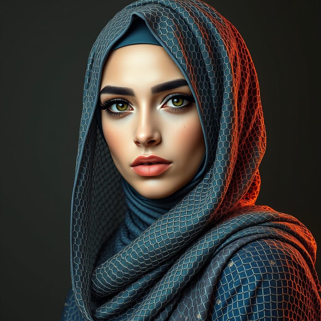 A headshot of a Lebanese woman wearing a chainmail printed hijab
