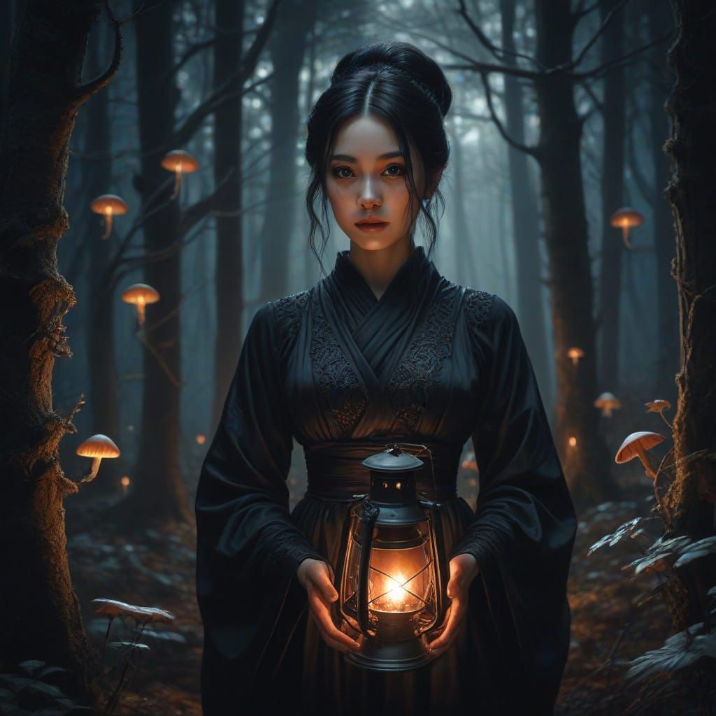 Gothic Woman in Forest with Lantern