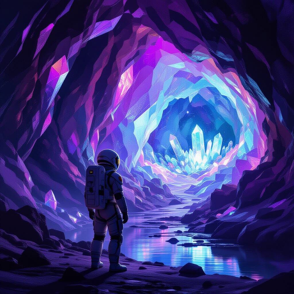 Astronaut Explores Alien Geode Cave with Bioluminescent Flor...