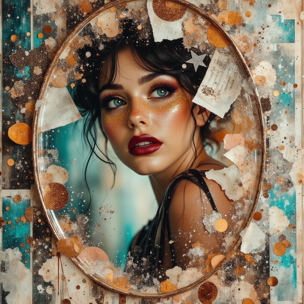 Woman Polishing Mirror Reflecting Cosmos and Collages