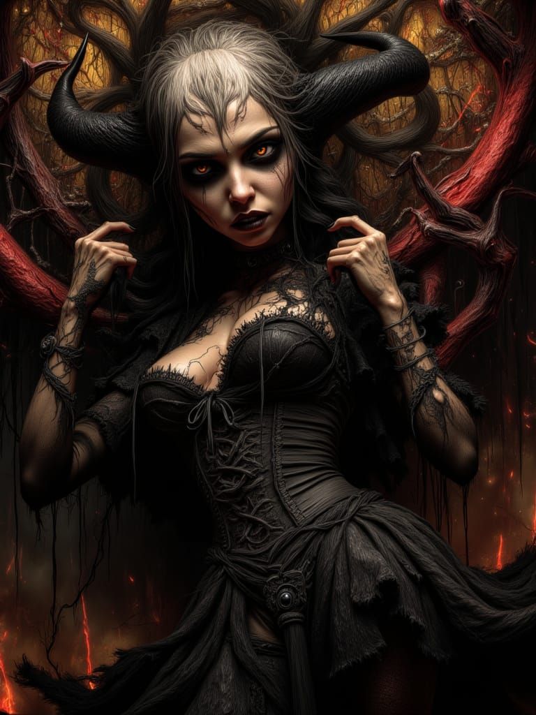 Macabre Demon Woman Dancing in Burning Landscape